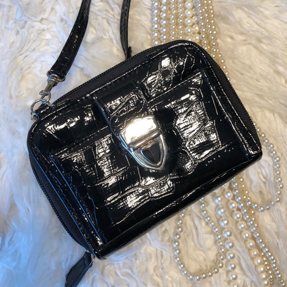 (S) Luxe Croc pattern black vinyl crossbody wallet/mini Purse w/pockets techbag! - Picture 3 of 8